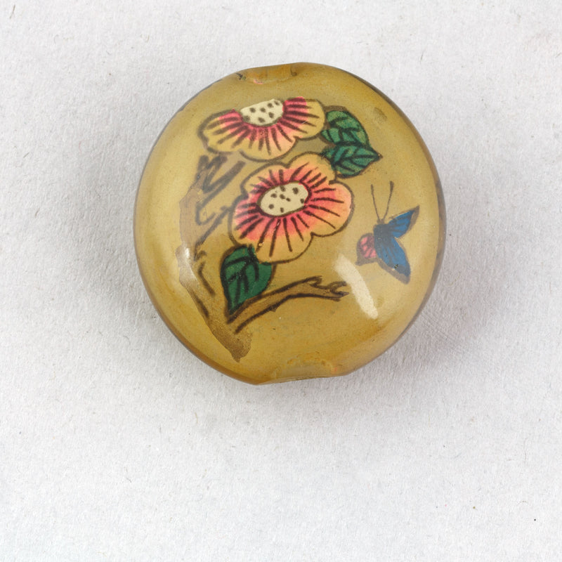 Reverse Painted Glass Bead, brown, bird and flowers. Pkg 1. China. b10-0008B