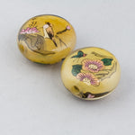 Reverse Painted Glass Bead, brown, bird and flowers. Pkg 1. China. b10-0008B