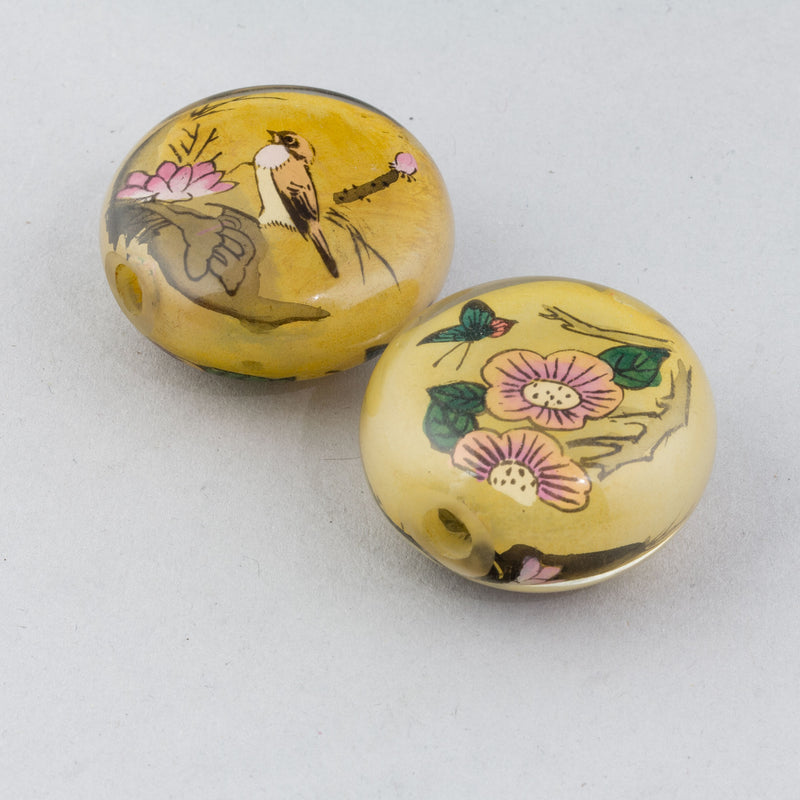 Reverse Painted Glass Bead, brown, bird and flowers. Pkg 1. China. b10-0008B