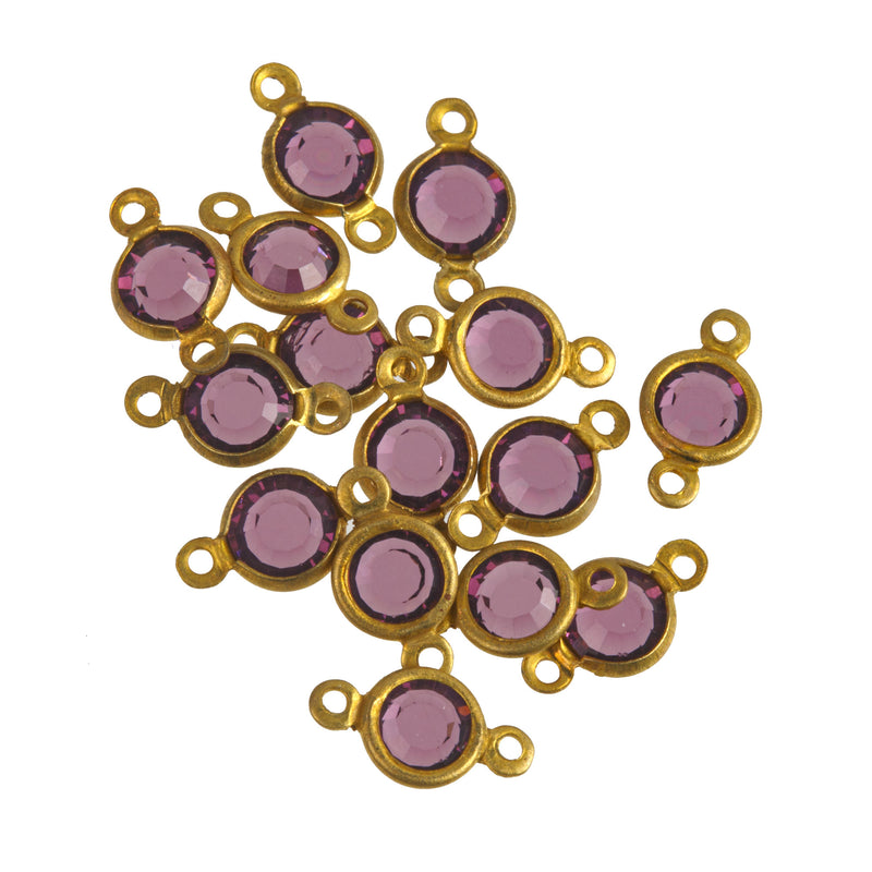 Austrian crystal and brass rounds-Size 17ss amethyst 2 ring, 4.5mm. Pkg 12. b10-0117h