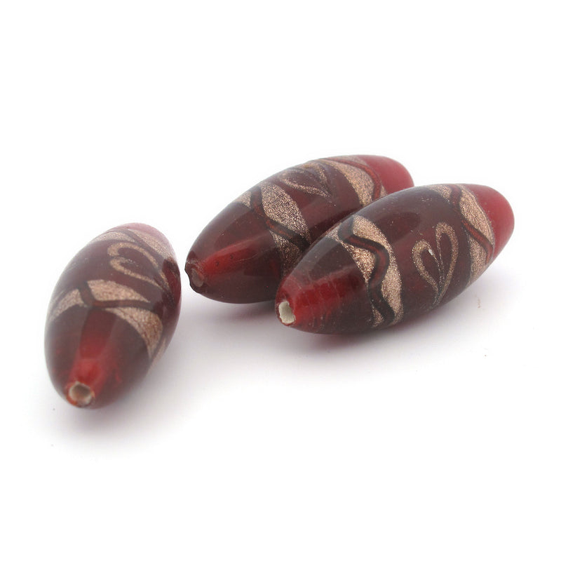 Venetian oval cranberry glass beads, with metallic aventurina stripes. Pkg1. b11-rd-0912