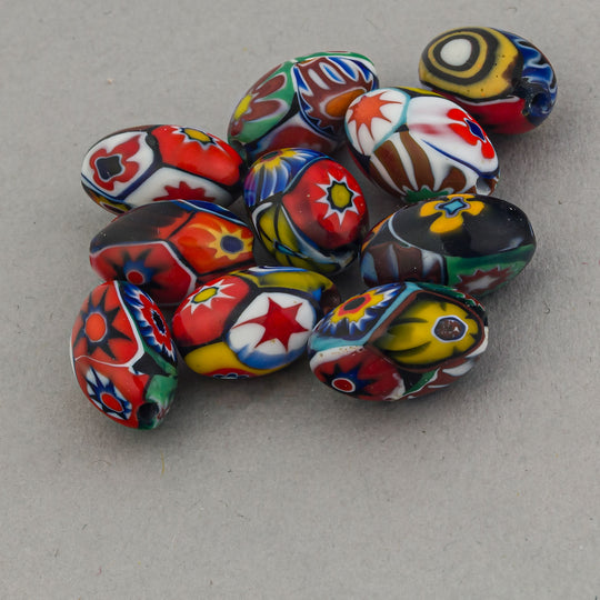 Vintage Murano Moretti studio millefiori glass beads. C. 1950s.  12.5 x 8 mm ovals. Pkg.1. b1-1025