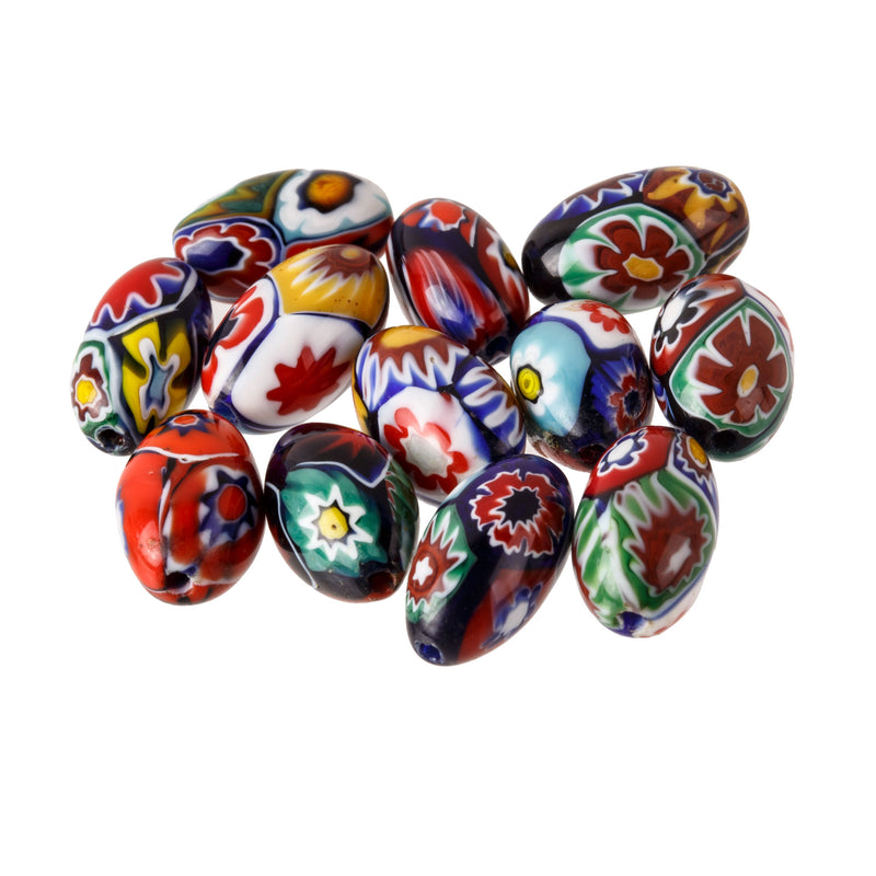 Vintage Murano Moretti millefiori glass  beads. C. 1950s. 12x7mm ovals. Pkg.1. 