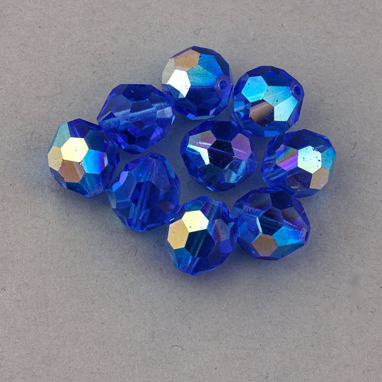 Vintage machine cut AB sapphire glass faceted round beads. West Germany 1960s. 10mm. Packet of 36. b11-bl-2050