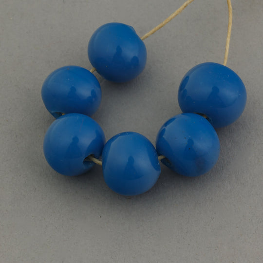 Antique Chinese opaque blue wound glass beads. Average 11 mm Pkg 6. b11-bl-2156-2