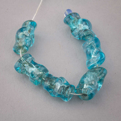 Vintage translucent Mediterranean blue silver foil handmade lampwork glass beads. Pkg 6  b11-bl-2181