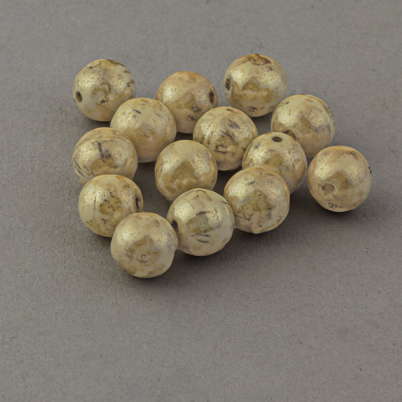 Vintage Czech lustrous light mustard yellow speckled brown Picasso finish glass beads  7mm. Pkg  20.  b11-br-0812