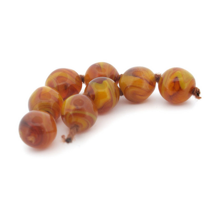 Vintage swirled translucent root beer & caramel glass rounds. 10mm. Pkg 4. b11-br-0817