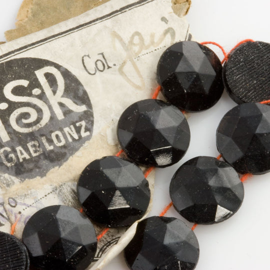 Antique Gablonz, Bohemia faceted black glass 2-hole beads. 11mm.Strand of 23. B11-BW-0801