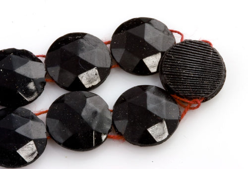 Antique Gablonz, Bohemia faceted black glass 2-hole beads. 11mm.Strand of 23. B11-BW-0801