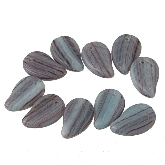 Colorful Grey Glass Leaf Pendant, colored striations. 10x15x4mm. Pkg 10. b11-bw-0895