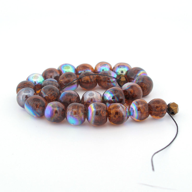 Luster foil beads Root Beer with gold foil.  8.5mm. 20 beads on 8 inch strand.  b11-mi-2178