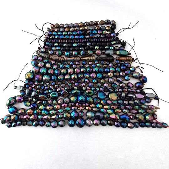 1950s peacock purple iris carnival glass bead mix. 8.2oz. b11-mx25