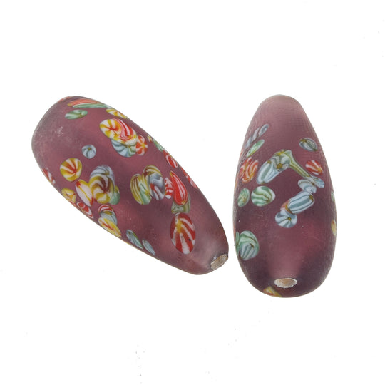 Vintage Japanese millefiori satin matte glass purple teardrop bead c.1980. 21x9.5mm.  Pkg 2.  b11-pp-1287