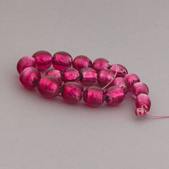 Venetian Murano raspberry pink silver foil lampwork beads. 9-11mm, 15 beads, strand of 19. B11-PP-1290