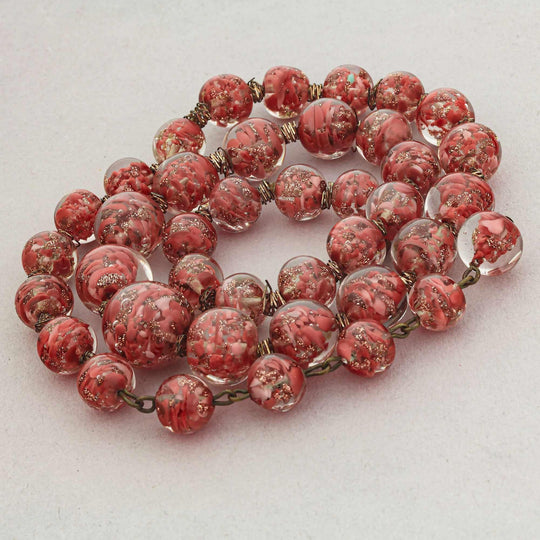 1950s Venetian Murano Coral Pink Sommerso aventurina lampwork beads. Graduated 40 bead strand. B11-PP-1292