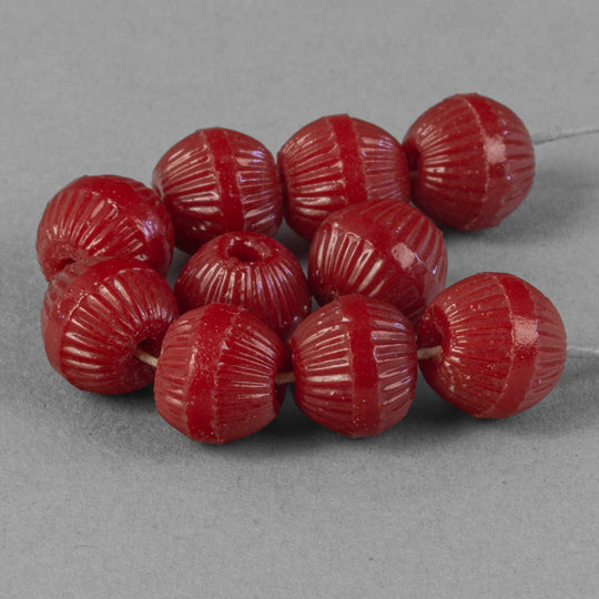 West German lustrous fluted red molded glass beads. 8mm. Pkg of 10