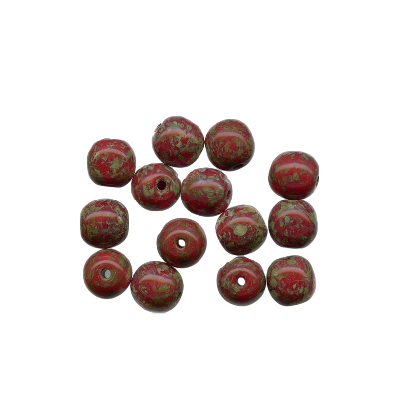 Vintage handmade 5.5-6mm Picasso glass beads. Red with olive green.  Czechoslovakia. Pkg. 25. b11-rd-0750