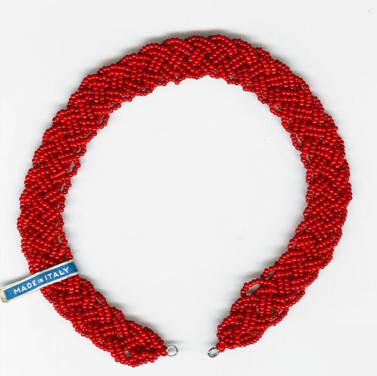 Vintage scarlet red seed bead braided strand. Italy., 13 1/2" x 5/8",  B11-rd-0871