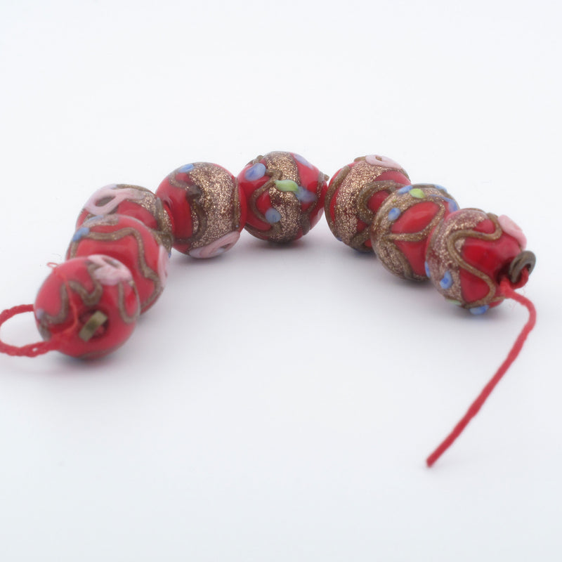 Vintage Venetian Fiorato Wedding Cake beads, Strand of 8 beads. b11-rd-0914