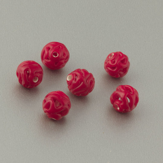 Spiderweb Lace Lampwork Glass Rounds. Lipstick Red. c. 1930. 7-9.3mm. Pkg 6. B11-rd-0921