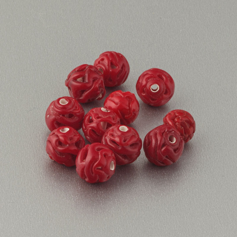 Spiderweb Lace Lampwork Glass Rounds. Lipstick Red. c. 1930. 7-9.3mm. Pkg 6. B11-rd-0921