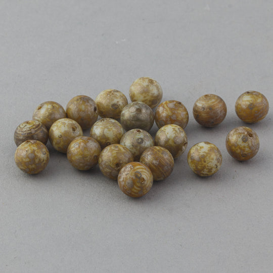 Vintage mustard yellow, brown and grey Picasso glass round beads. 7 mm. Pkg of 20.  b11-yo-0827