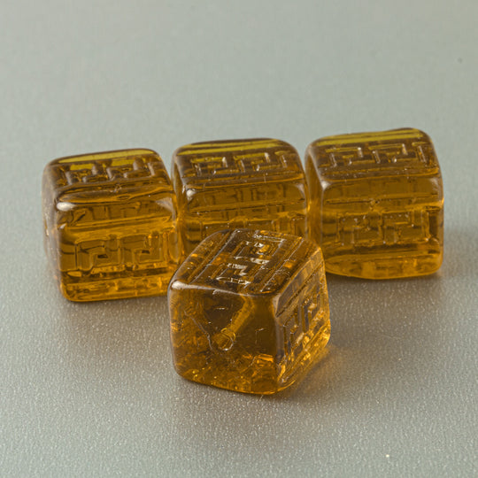 Greek Key Cube beads, honey color, molded design. Czechoslovakian,  Pkg 2.  b11-yo-1050