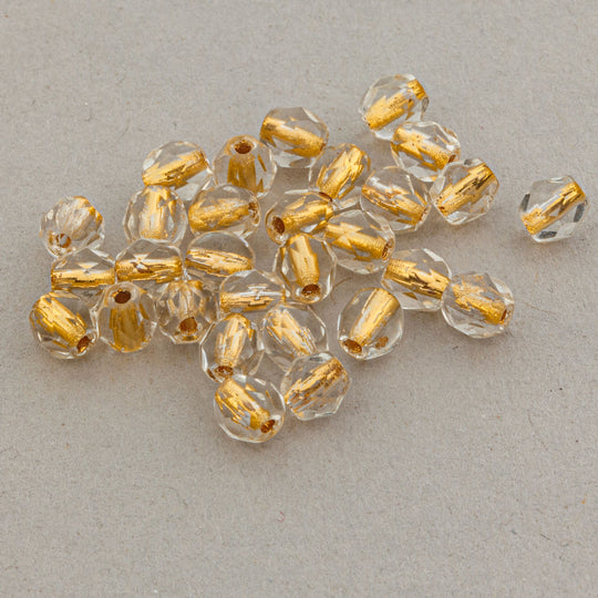 Vintage gold foiled core clear glass faceted beads.  Czech. 4mm. Pkg 120.  b11-yo-1054