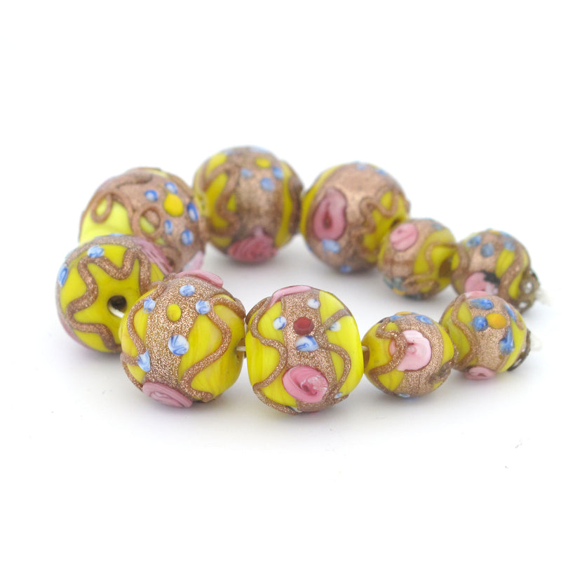 Vivid Yellow Fiorato Wedding Cake Beads, Strand of 10 beads, 9mm-15mm. b1-2090