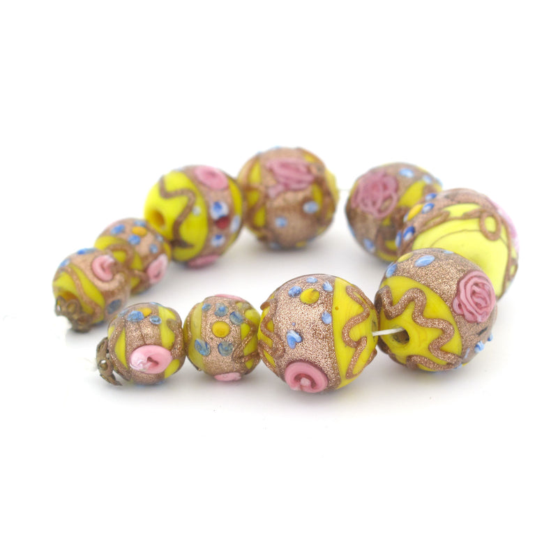 Vivid Yellow Fiorato Wedding Cake Beads, Strand of 10 beads, 9mm-15mm. b1-2090