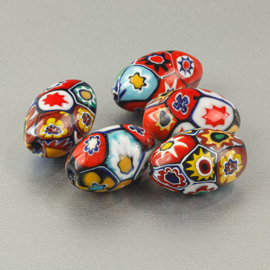 Vintage Murano Moretti studio millefiori glass beads. 1950s. 20x12mm ovals. Pkg.1. b1-2100
