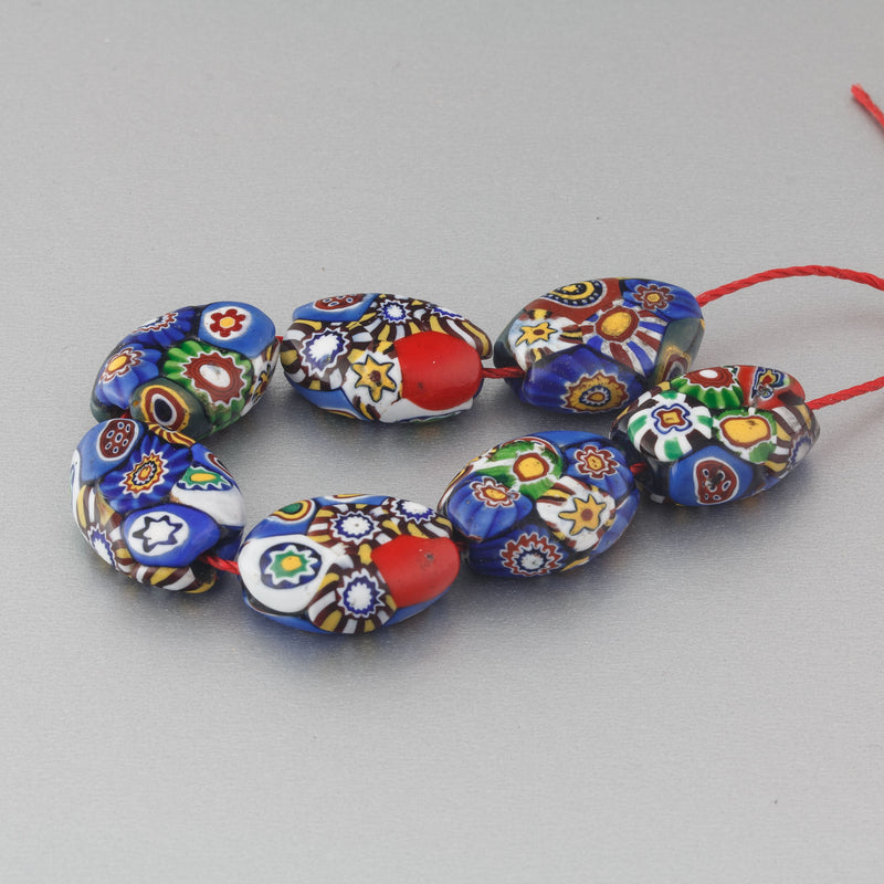 Vintage Murano Moretti studio millefiori glass flat oval beads. 1920s. 17.5x13.5x7mm. Strand of 7.  B1-2104