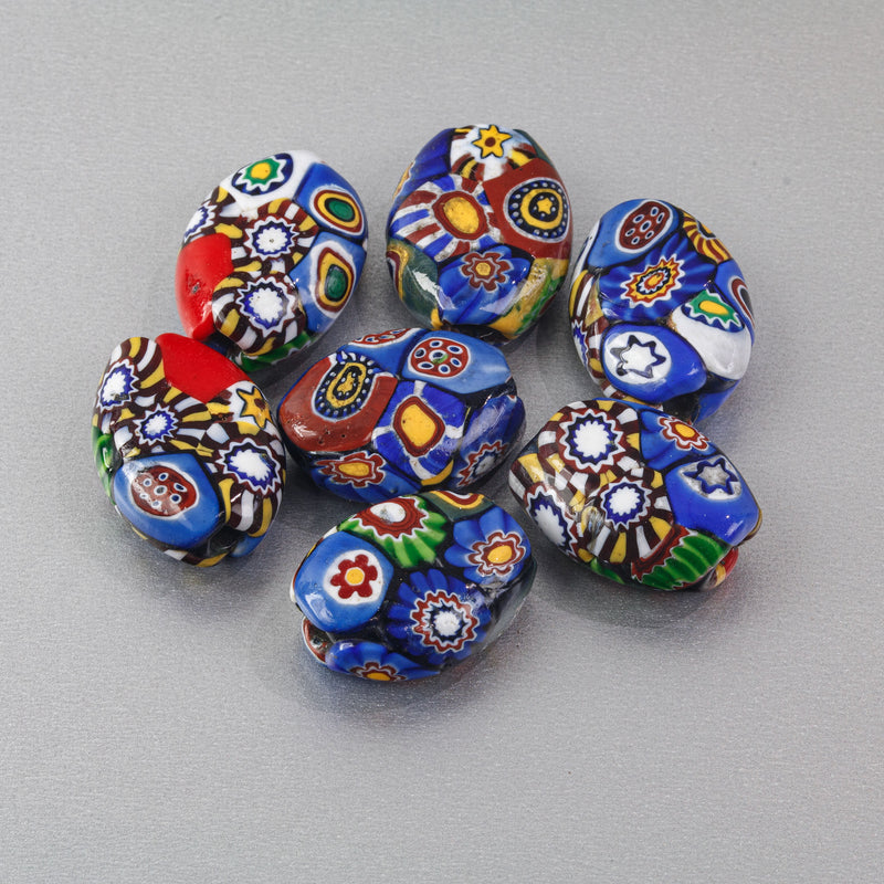 Vintage Murano Moretti studio millefiori glass flat oval beads. 1920s. 17.5x13.5x7mm. Strand of 7.  B1-2104