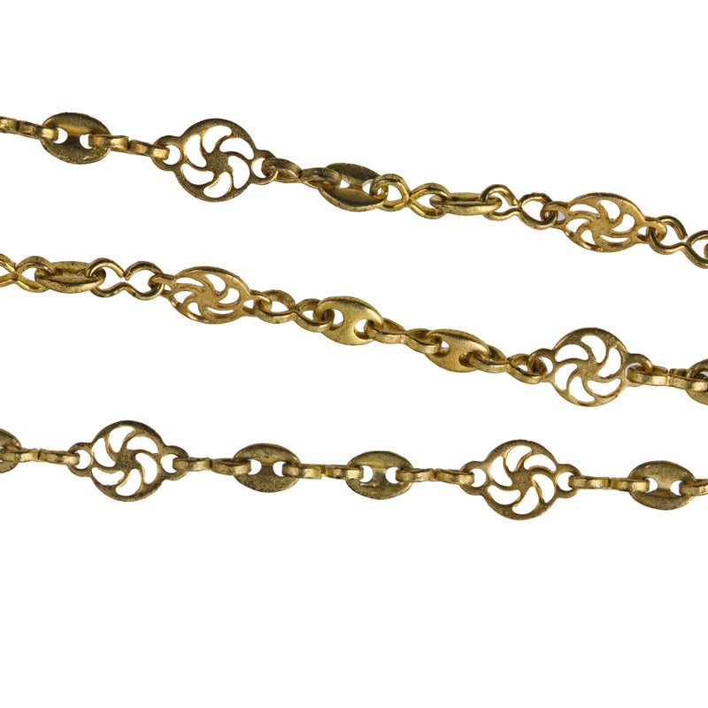 Vintage solid brass fancy link chain with  filigree stations. 5mm 1980s. Per foot.  b12-chn716