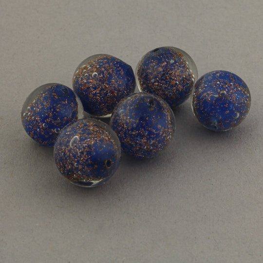 Vintage blue and aventurine sommerso glass beads from Murano.12.5mm. Pkg 2. b1-3001