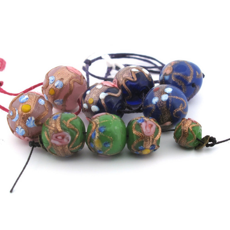Vintage Venetian Fiorato Wedding Cake beads, multicolors, 10 beads. b1-3006