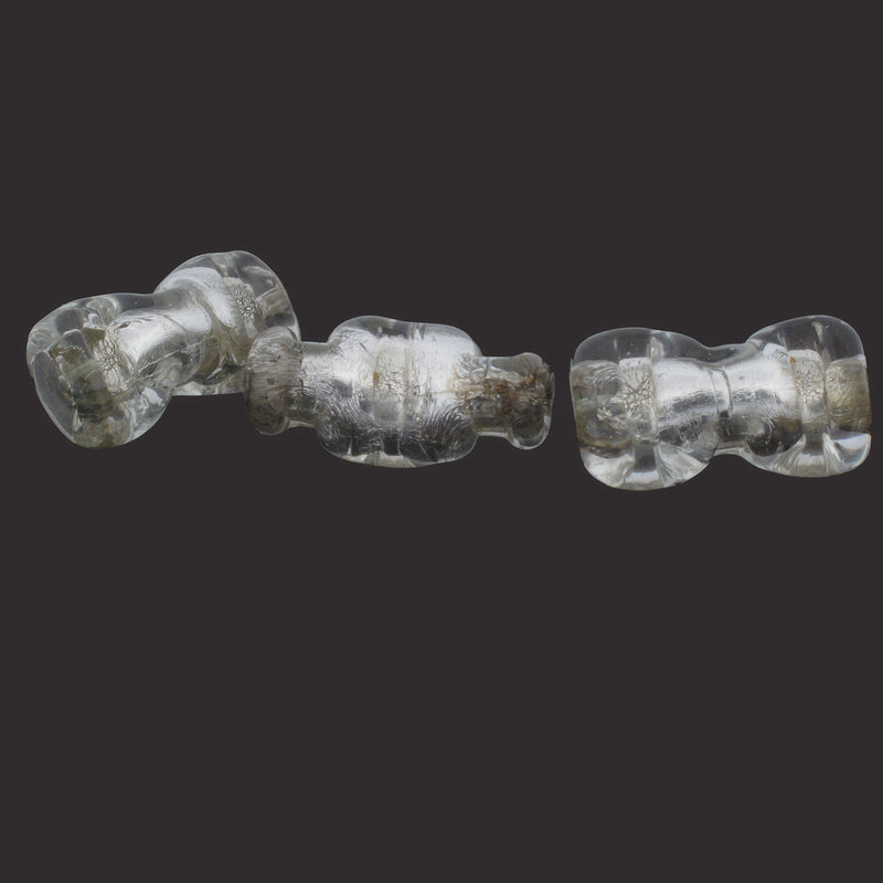 Vintage foil dog bone  shaped beads from Murano. Clear glass over silver foil. 1980s.  Pkg 1. b1-3009