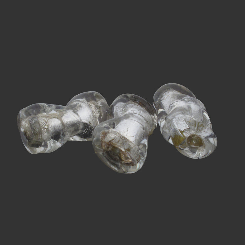 Vintage foil dog bone  shaped beads from Murano. Clear glass over silver foil. 1980s.  Pkg 1. b1-3009