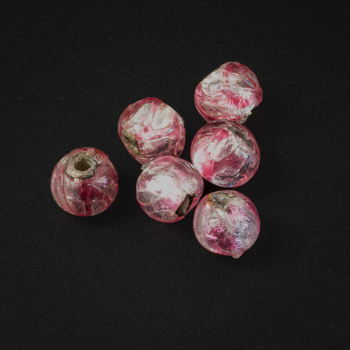Murano foil beads, 1950s.  Clear glass with pink glass trailings over silver coil core