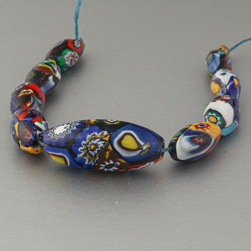 Graduated 6" strand of 9 vintage Murano millefiori glass oval beads. 1940s-1950s.  b1-3021