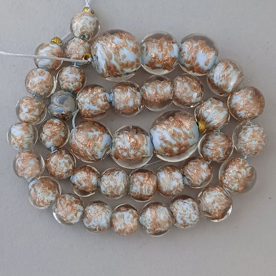 Venetian Murano Sommerso Aventurina lampwork beads. 1950s.9-13mm. Strand of 19. b1-3029