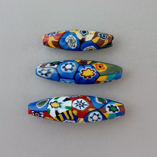 1920s Murano millefiori glass flower beads.  3  rare long oval beads 35-48mm. b1-3033