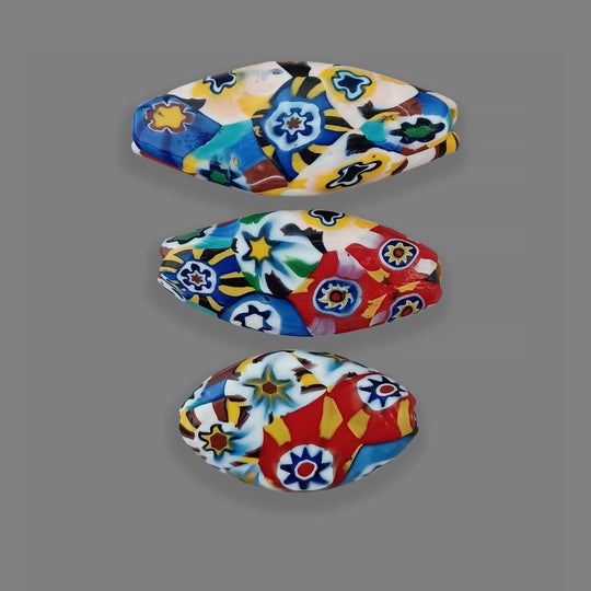 3 Vintage Murano Moretti studio millefiori glass broad flat oval beads. 1920s.  1 pc. b1-3035