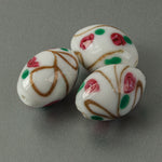 White Ovals Lampwork Glass Beads, pink, green floral, aventurina. Pkg 1. B1-598