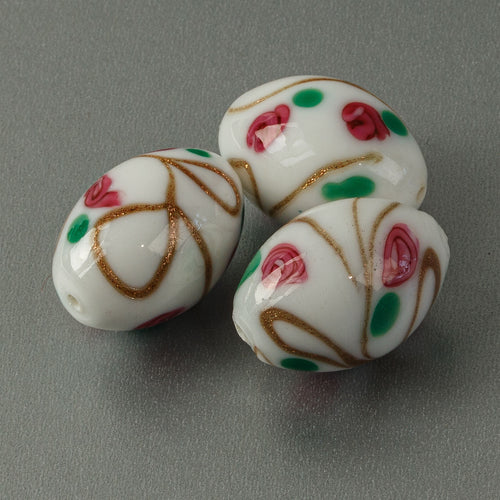 White Ovals Lampwork Glass Beads, pink, green floral, aventurina. Pkg 1. B1-598