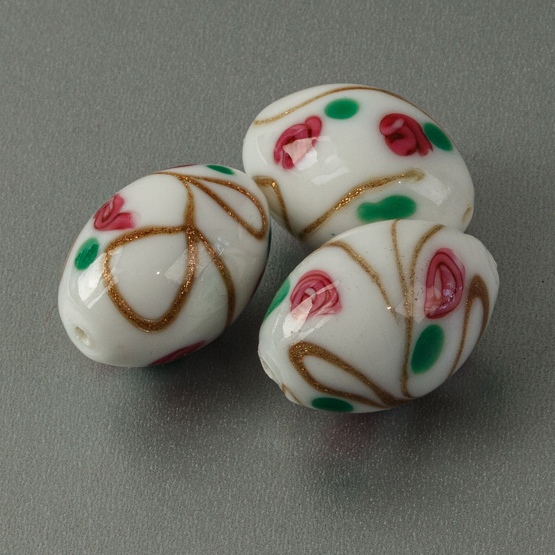 White Ovals Lampwork Glass Beads, pink, green floral, aventurina. Pkg 1. B1-598
