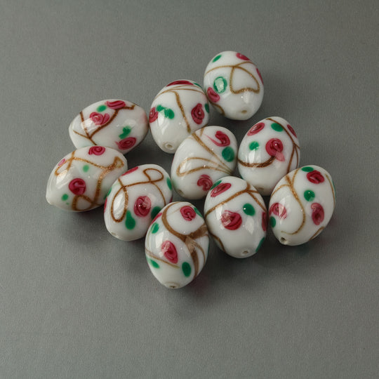 White Ovals Lampwork Glass Beads, pink, green floral, aventurina. Pkg 1. B1-598
