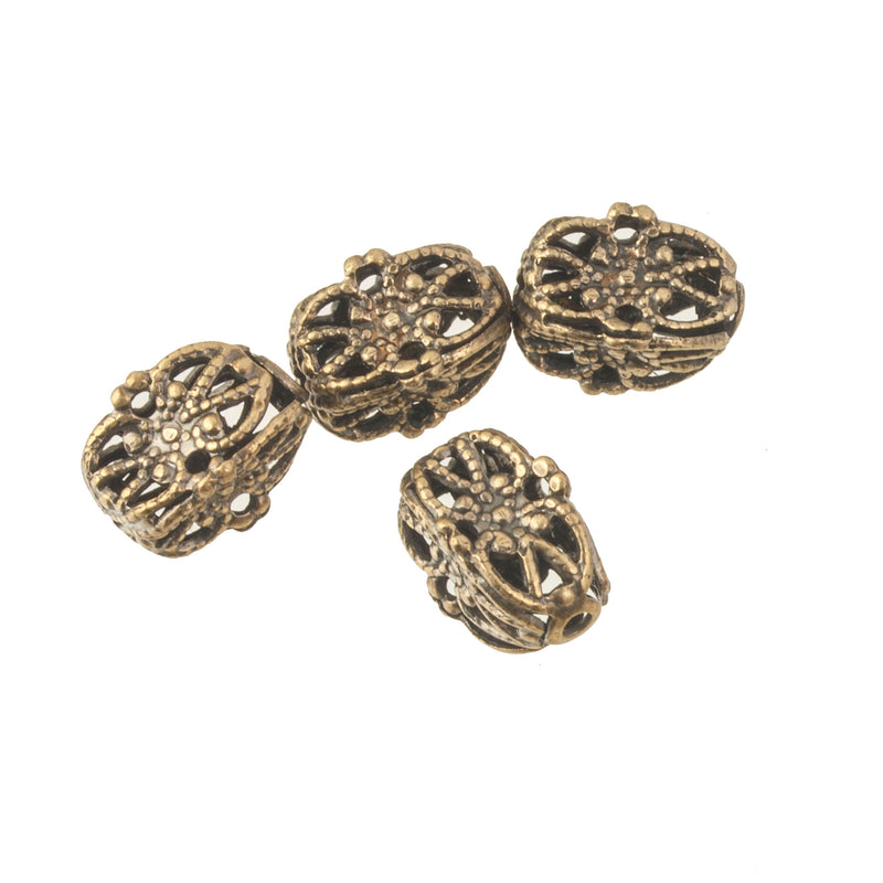 Oxidized brass filigree pinched rectangles 10x6mm. Pkg. of 4. B18-433