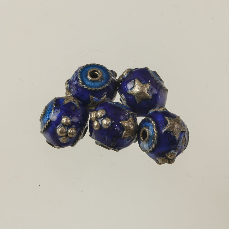 Enameled coppe drum bead, blue with raised silver dots and stars. 9x10mm. Pkg 2. b18-548